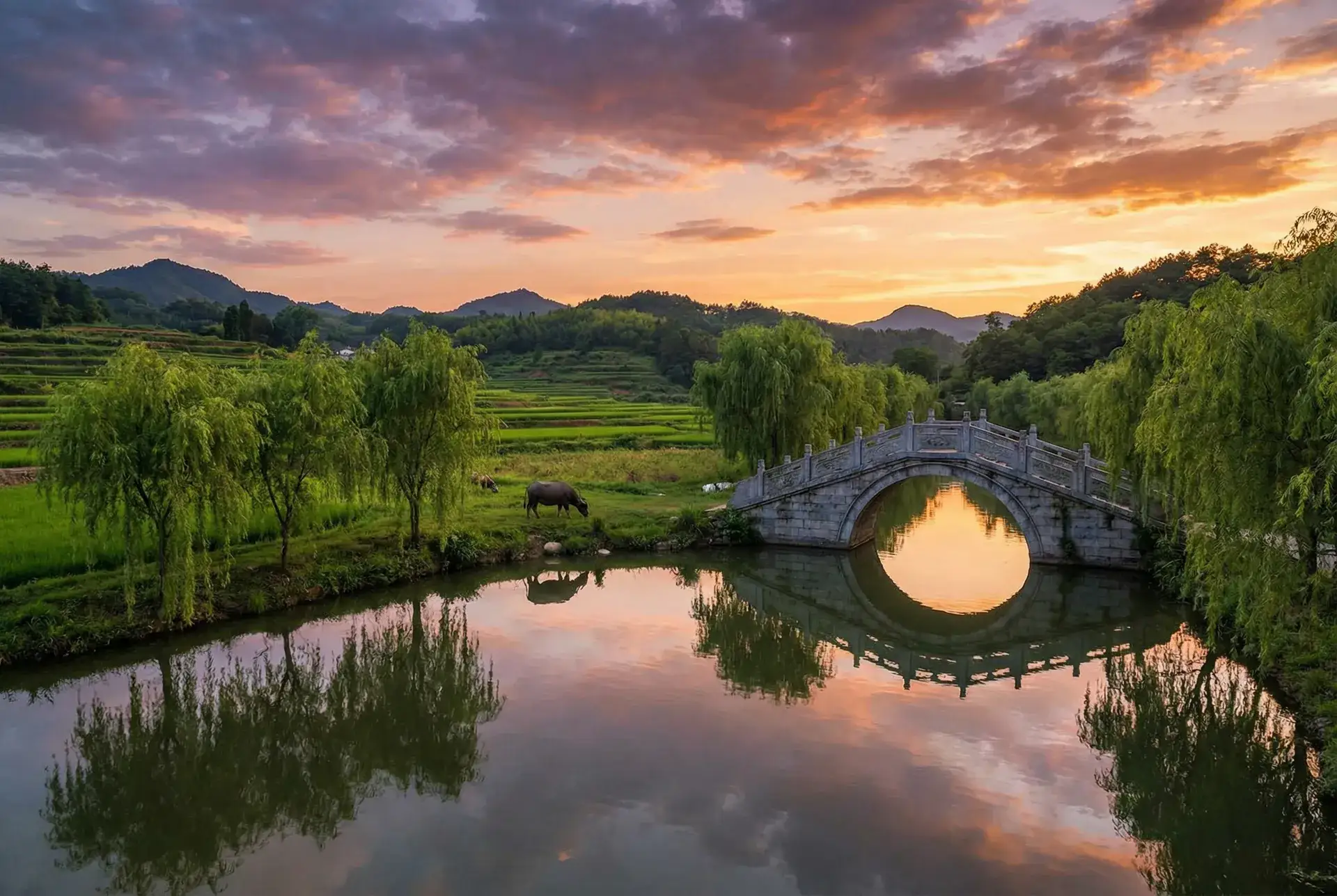 夕阳下的石拱桥与垂柳，水牛在河边吃草 - 暖暖日本高清免费观看更新 乡村美景